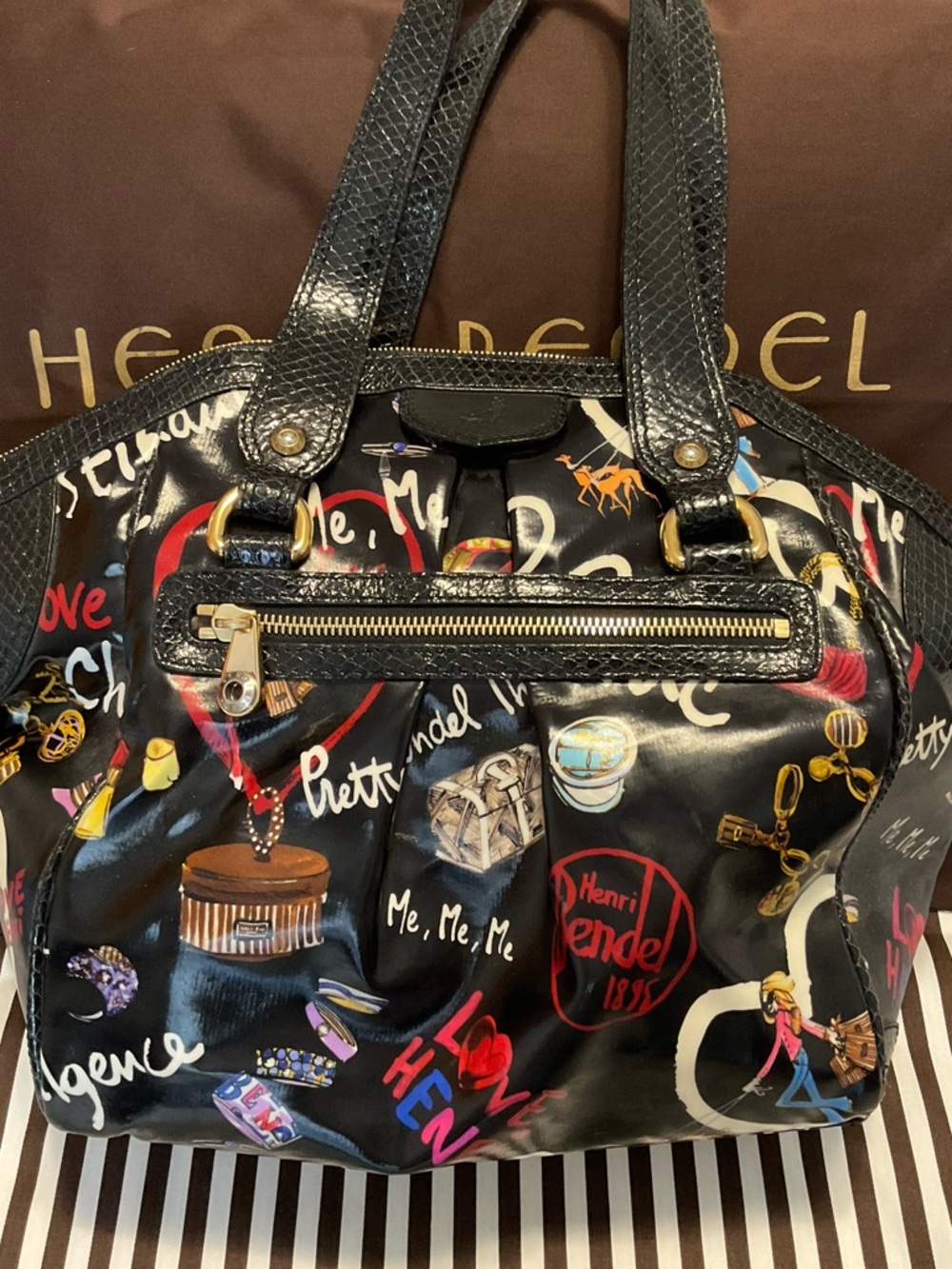 Henri Bendel Graffiti Sketch Weekender with Snake Embossed Trim Made in Italy